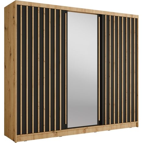 Schrank KAZU mit 3 Schiebetüren und Spiegel in Eichen- und Graphitgrau 248 cm