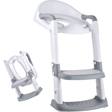 Relaxdays Sedile WC per bambini con scaletta, regolabile 39–45 cm, pieghevole, imbottito, grigio/bianco (1/5)