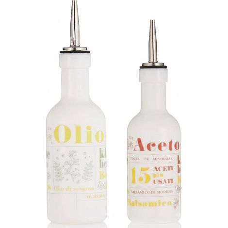 Set menage 2 Ampolle Olio e Aceto in Vetro Opale 25 cl con Tappo Versatore Antigoccia in Acciaio Inox e Silicone Oliera e Acetiera Decorate H 24,5 cm Anti Ossidazione uso professionale o domestico (1/5)