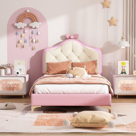 Letto singolo imbottito in PU bianco e rosa 90x200 cm con LED multicolore e testiera ondulata (1/4)