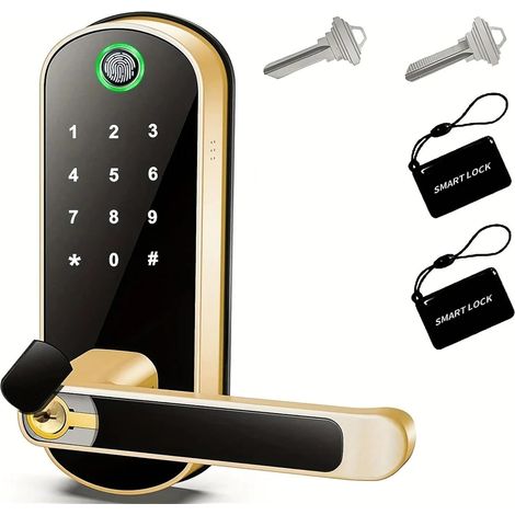 Serrure de Porte Intelligente à Empreintes digitales, télécommande sans clé, wi-FI, écran Tactile numérique, NFC, étanche IP67, avec 2 Cartes IC(Gold) (1/5)