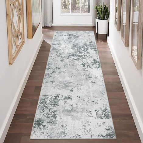 Tapis de couloir abstrait 65x180cm Tapis de cuisine moderne lavable antidérapant en fausse laine gris pour chambre à coucher, buanderie, etc (1/5)