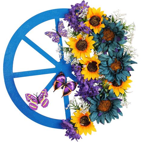 Artificial Sunflower Wagon Wheel Wreath, Décoration Florale Rustique pour Porte d'Entrée Printemps Été -KZQ (1/2)