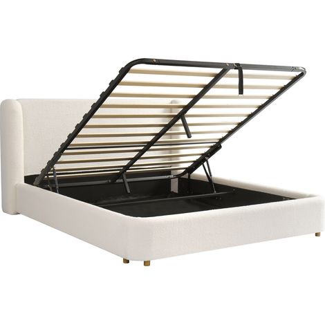 Cama doble tapizada hidráulica con somier y gran almacenaje, bouclé beige, 160 x 200 (1/5)