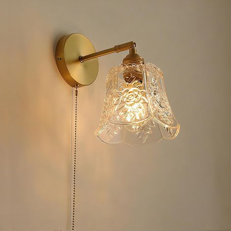 Vintage Applique Murale avec Tirette, Bras en Laiton et Abat-jour en Verre Classique, Lampe Murale Rétro Dimmable pour Chambre, Salon, Couloir, Salle de Bain (Ampoule Non Incluse) (1/5)