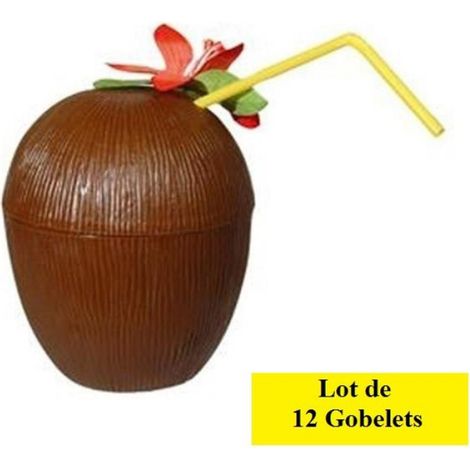 LOT DE 12 Gobelets en plastique en forme de noix de coco avec paille pour decoration de table lors de soirée hawaienne.