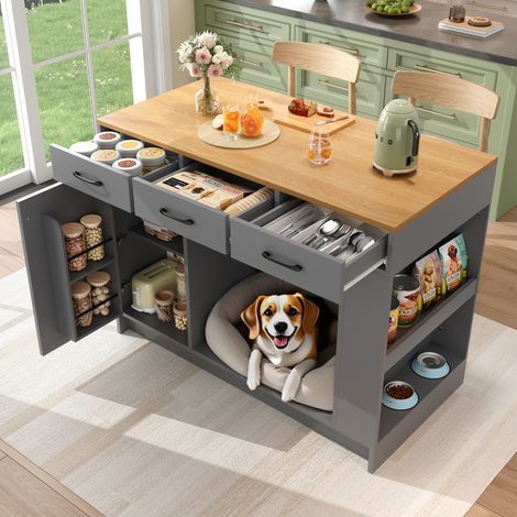 Isla de cocina 120x60x90 cm de madera gris, con almacenaje FloraGrace (1/5)