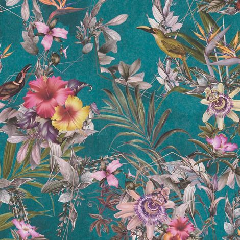 Carta da parati floreale Profhome 381783 Tappezzerie lisce in tessuto non tessuto con ornamenti floreali opaca turchese verde rosa arancione-giallo 5,33 m2