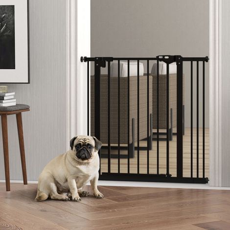Barrière pour chien et animaux de compagnie avec 2 extensions, largeur réglable jusqu'à 87 cm, fixation par pression sans perçage et fermeture automatique, noire