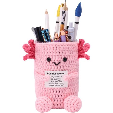 Pot à Crayons Axolotl au Crochet, Porte-Stylo Animal Positif avec Carte d'Encouragement Fournitures de Rentrée Scolaire pour Motiver Élèves et Organiser le Bureau (Rose) (1/5)