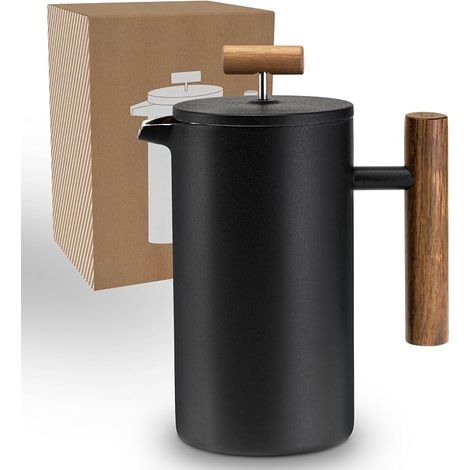 French Press Coffee Maker 350 ml 2 Cups Black Stainless Steel Double Wall Insulated French Press French Press with Wooden Handle Manual Coffee Maker (1/5)