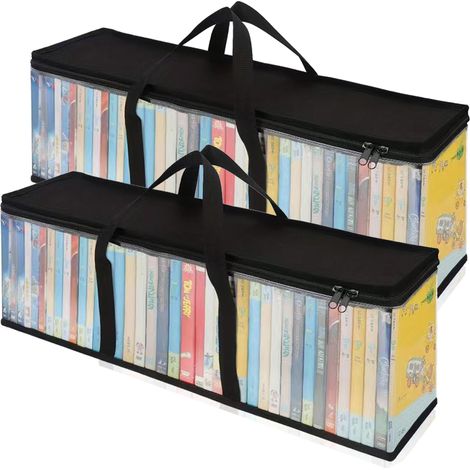 Juego de 2 bolsas de almacenamiento para DVD, portátiles, apilables, para CD, videojuegos, libros, resistentes al agua, de PVC transparente, para películas/vídeos/juegos/Blu-rays/música (60 x 22 x 15,