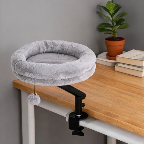 Lit de bureau pour chat gris avec rotation 360° et hauteur (1/5)