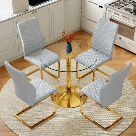 Esstisch-Set mit 4 Stühlen Glas Gold Hellgrau OKMYHOME (1/5)