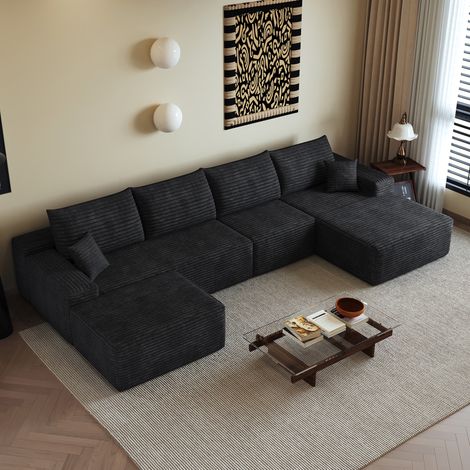 Modulares Ecksofa 340 cm Schwarz Stoff mit Chaiselongue und tiefer Sitzfläche (1/5)