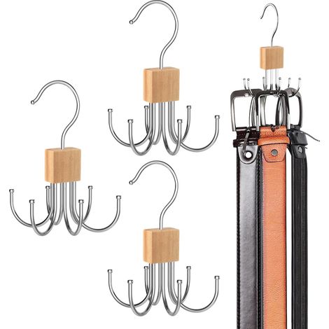 3 Pièces Cintre en Bois pour Ceintures, Organiseur pour armoires à Cravate, 6 Crochets, Rotation à 360° pour Cravates, Ceintures, écharpes et Chapeaux (1/5)
