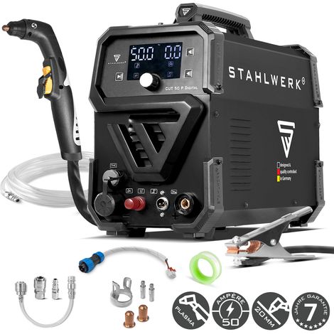 STAHLWERK Plasmaschneider CUT 50 P Digital – Plasmaschneidgerät mit 50 A, Schneidleistung bis 20 mm, HF-Pilotzündung, THC-Schnittstelle für CNC-Höhenregelung, Inverter Plasma Cutter