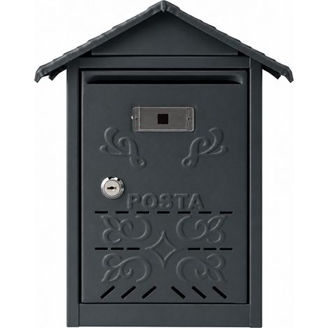 Boîte aux lettres murale en acier, Gris anthracite mat avec serrure, toit décoratif et porte-étiquette 24 x 31 x 9 cm – LPP Gris (1/5)