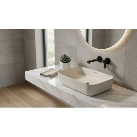 Lavabo rettangolare da appoggio senza troppo pieno in ceramica senza foro rubinetto - Avorio Opaco