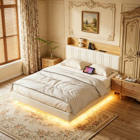 Lit Flottant 140x190 cm avec LED RGB Réglable en Ports USB, Simili Cuir PU, Sommier à lattes en bois, Effet Flottant, Facile à Assembler et Nettoyer