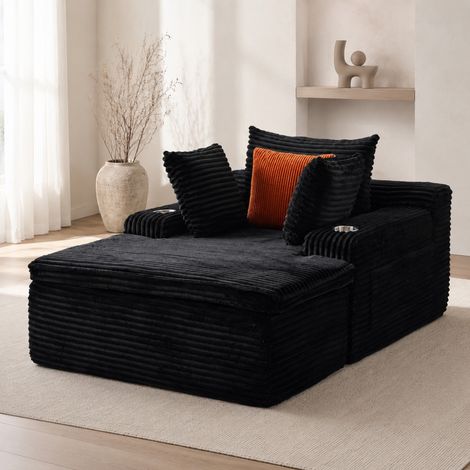 Canapé de sol méridienne 165 x 112 x 63 cm en velours côtelé noir DESVIAE (1/5)