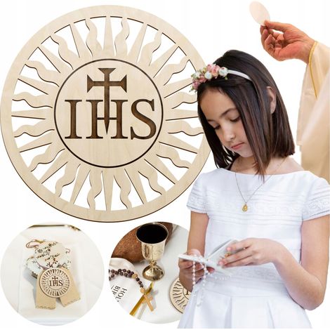 Hostia de madera contrachapada IHS para la Sagrada Comunión, decoración de mesa grande de madera de 10 cm. (1/5)