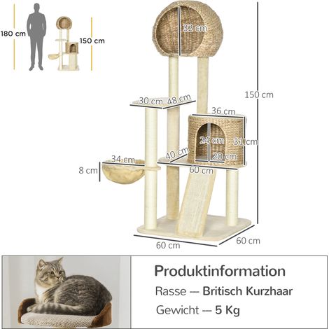 Arbre à chat avec maison en rotin, plateformes multiples, hamac et rampe, antidérapant, peluche, beige, 60 x 60 x 150 cm (1/5)