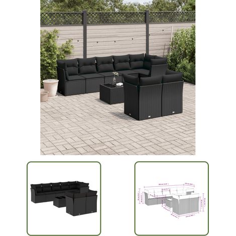 The Living Store Salon de jardin 9 pcs avec coussins noir résine tressée - Ensemble Salon De Jardin - Mobilier De Jardin - Canapé Jardin - Set Salon Exterieur - Chaise Lounge (1/3)