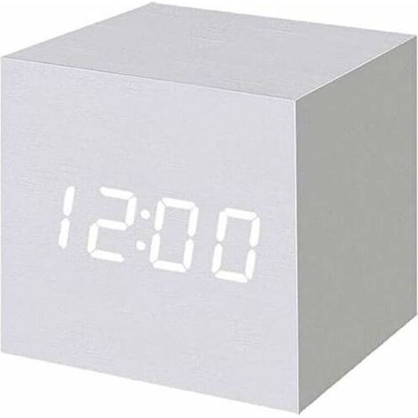 Digitaler Wecker aus Holz mit LED-Beleuchtung, digitaler Würfelwecker mit Datums- und Temperaturanzeige, USB-/Batterieanschluss (Weiß)
