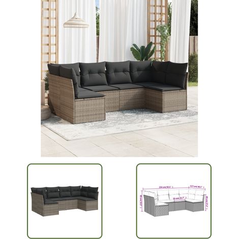 The Living Store Salon de jardin 6 pcs avec coussins gris résine tressée - Salon De Jardin - Mobilier De Jardin - Canapé Extérieur - Set Salon De Jardin - Résine Tressée