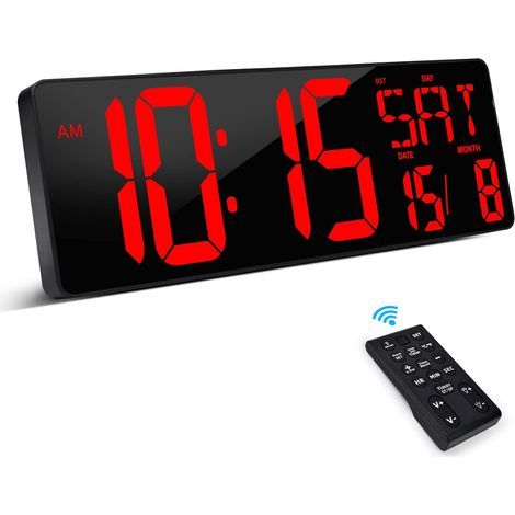 Horloge numérique murale avec télécommande, éclairage LED à luminosité réglable et affichage de l'heure, de la date et de la température. (1/5)