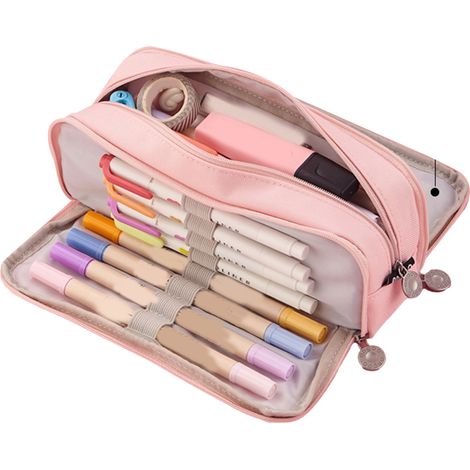 Trousse à crayons 3 compartiments, grande capacité, double ouverture, toile douce anti-poussière, fermeture éclair, rose pour étudiants