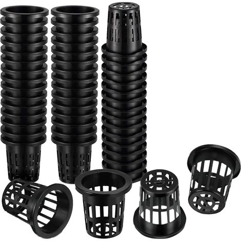 Ensemble de 50 pots en filet hydroponique noirs (50 mm de haut), paniers de plantation en plastique pour la culture de l'eau, adaptés aux légumes, herbes et blocs de coupe dans les systèmes de culture (1/4)