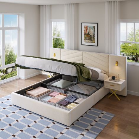Struttura letto regolabile con funzione reclinabile / 266205117 cm (L/P/A) / Struttura letto in velluto / Struttura verticale con altalene trapuntate / Con due panche letto / Due luci LED ai piedi del (1/5)