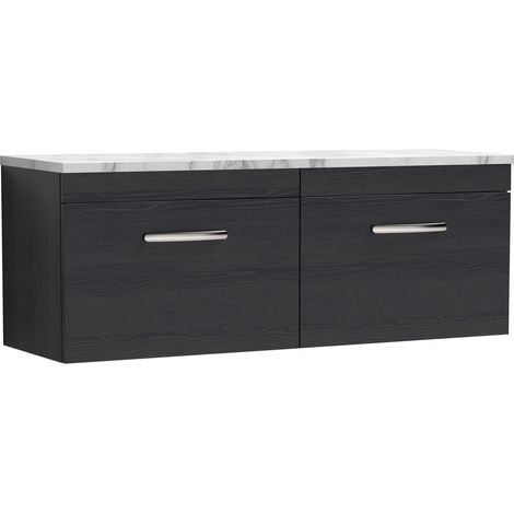 Millwich Contemporary 2 Drawer Wall Hung Vanity Unit with Laminate Carrara Marble Worktop, Charcoal Black, 1200mm