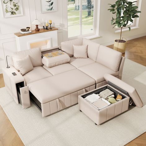 Canapé d’angle convertible en L avec fonction couchage, pouf de rangement, table relevable, ports USB/Type-C, lampe de lecture et 2 coussins - Beige