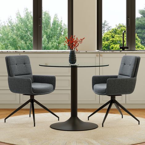 Ensemble table de salle à manger : table ronde en verre trempé de style luxueux avec piétement métallique noir, assortie à 2 chaises pivotantes à 360° en tissu gris foncé