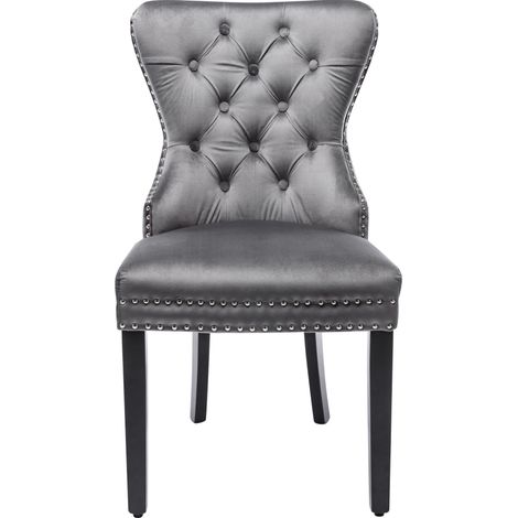 Lot de 6 chaises de salle à manger en velours gris avec pieds en chêne, boutons, anneau chromé et clous décoratifs (1/5)