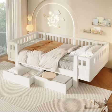 Etagenbett 90/200 cm Weiß mit hohem Schutzgitter und 2 Schubladen aus Massivholz (1/5)