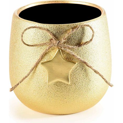 Vasi di Natale color oro in ceramica grezza dorata con cordino e stella, set da 3 pezzi, Ø 13,5 cm x 12,5 H