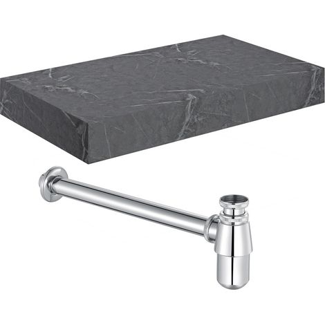 Signature Grove Wall Hung Basin Shelf with Chrome Bottle Trap 800mm Wide - Grey Marble (1/2)