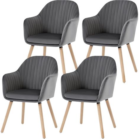 Woltu – Lot de 4 chaises de salle à manger en velours – Dossier ergonomique – Structure en acier – Pieds en bois massif – Gris foncé