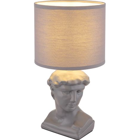 Tischleuchte Statue Keramik Tischlampe Figur Cäsar Nachttischleuchte Textilschirm grau, 1x E14 Fassung, DxH 17,5x33 cm