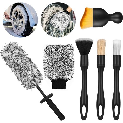 Brosse Jantes Voiture, Brosse de Nettoyage en Microfibre avec Gants Lavage Voiture et 4 Pinceau Detailing, Brosse de Roue de Voiture pour Tous Types de Jantes (Noir) (1/5)