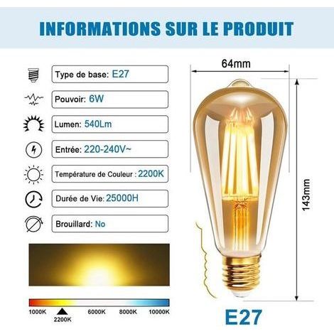 HONORNIC - 6pcs Ampoule à filament LED E27 ST64 6W 2200K Blanc Chaud, Ampoules Rétro Edison Vintage Antique Lampe, 540Lm Equivalent (1/4)