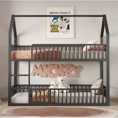 Letto a castello a casetta 90x200 cm in metallo nero con scala frontale, sponde di sicurezza e porta inferiore (1/5)