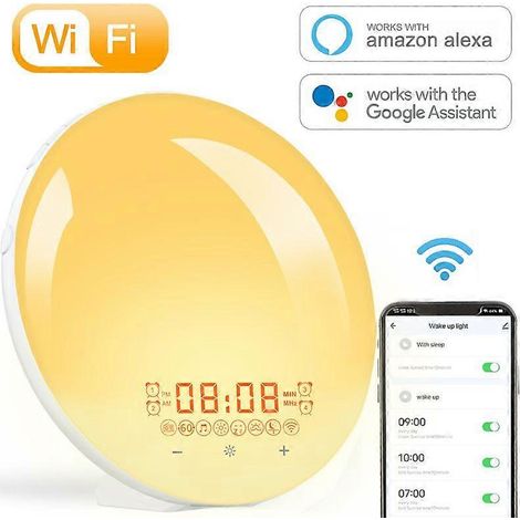 Lampe de réveil intelligente, compatible avec la commande vocale Alexa/Tmall Genie APP, réveil lever et coucher du soleil, lampe de chevet, adaptateur standard japonais. (1/5)