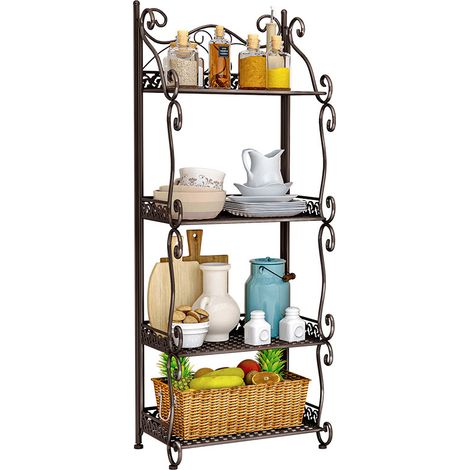 Etagère de Rangement - 4cm x 21cm x 100cm Étagère de Jardin en Fer Forgé - Porte-Plante en Métal Étagère de cuisine Meuble de Rangement Pliable 4 Niveaux de Rangement-Bronze (1/3)