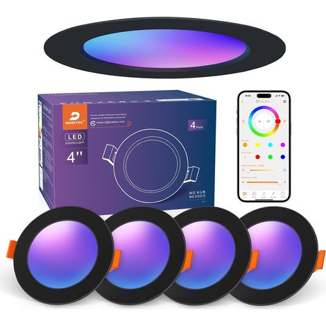 Spot LED Noir Encastrable RGBW Couleur Bluetooth Connecté 10W  APP Dimmable Spot LED 220V Salle de Bain IP44, 2700K-6000K Luminaire Encastrable Plafond Multicolore Trou 100-112mm, Lot de 4 (1/5)