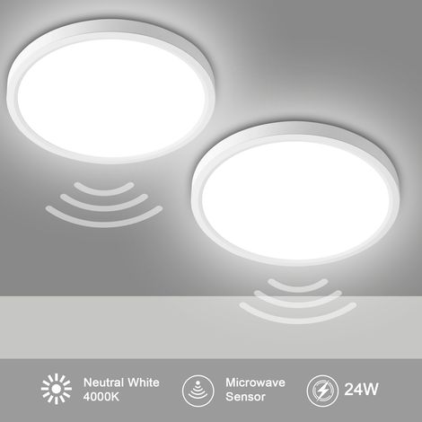 Lot de 2 Plafonniers LED 18 W 1800 LM avec Détecteur de Mouvement, IP44 Étanche, Ultra Plat, 4000 K Blanc Neutre, Diamètre 23 cm – Couloir, Escalier, Cave, Balcon (1/5)